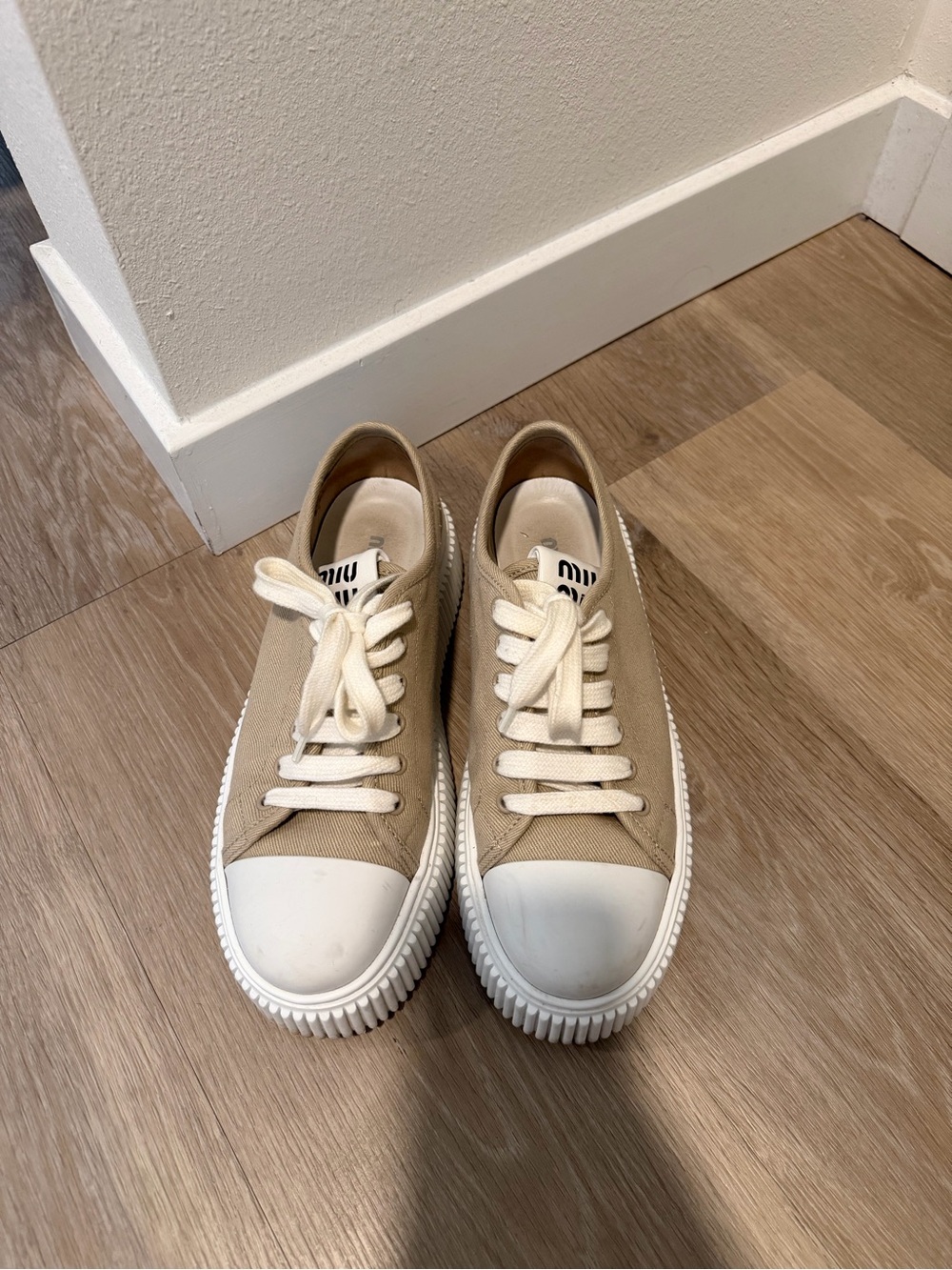 Miu Miu Beige Canvas Platform-Trim Sneakers